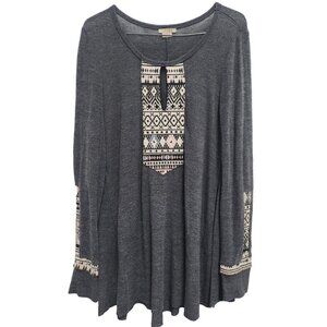 Anama BOHO Southwest Top Womens Size Medium Gray Embroidered Long Sleeve‎ Casual